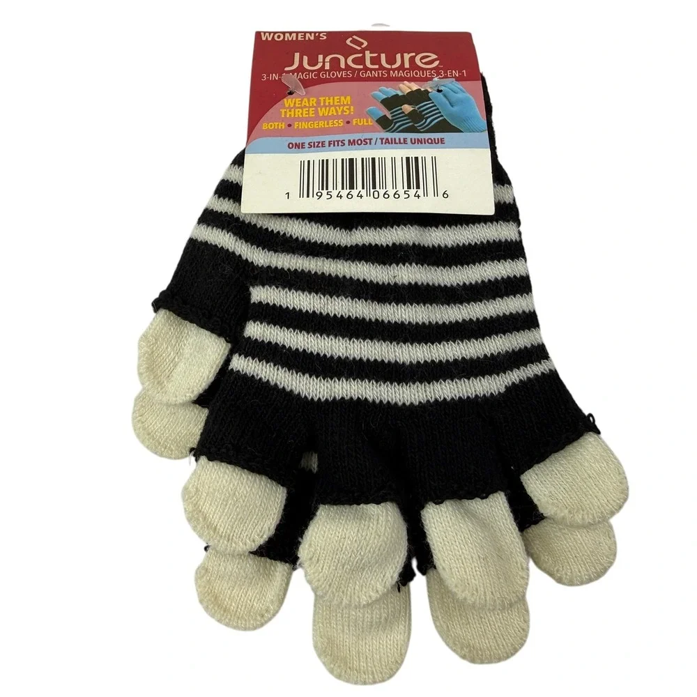 Juncture Women's 3-in-1 Magic Gloves Black White Striped Convertible One Size